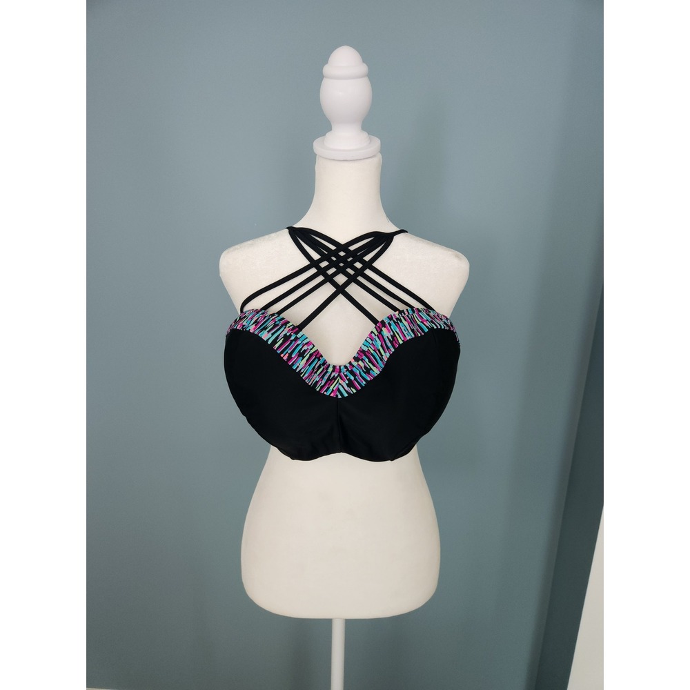 Curvy Kate Bikini Top Women 36GG Black Excellent Multi-Strap Halter Underwire
